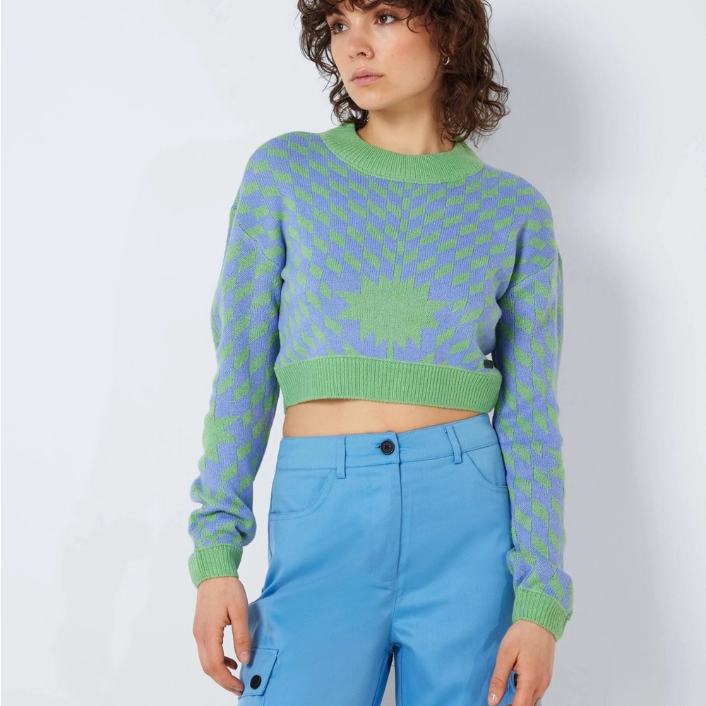 Noisy may Green and Purple Patterned cropped Sweater